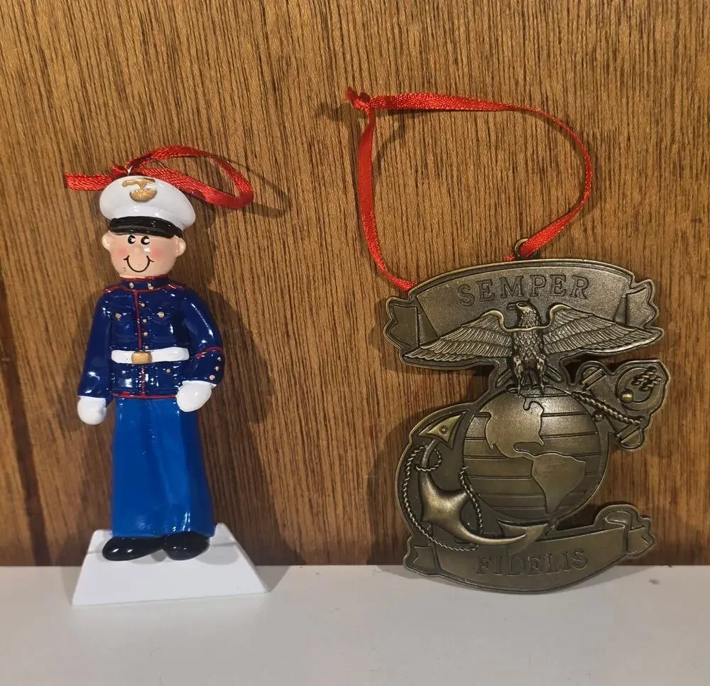 US Marine Corps Christmas Ornament Lot 2 USMC Semper Fidelis Marine Holiday